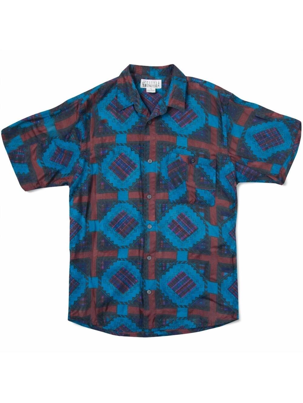 Vintage City Streets Silk Button Up Shirt Mens Medium Geometric Print 90s